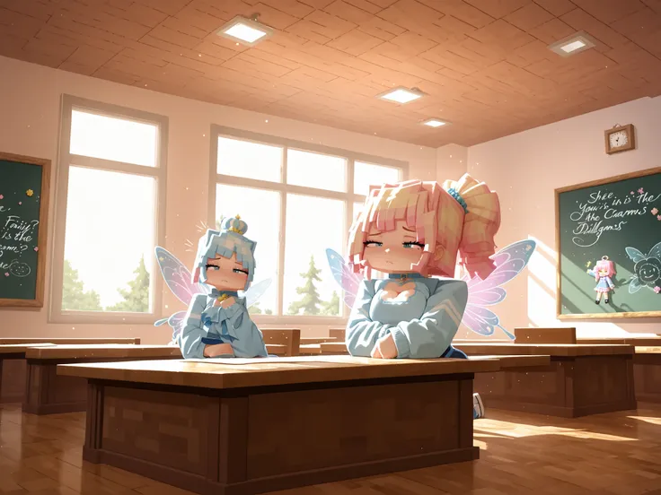 (A fairy academy where fairies can learn magic and charms):{1fairy}, Your skin glows like twilight-colored neon,and her fairy wings like baby blue,She is in the spotlight compared to the other fairies, in a classroom, (masterpiece, high quality 4k.)