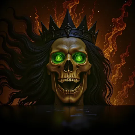 A skull representing Hades, centered in the composition, with a menacing expression. Its mouth is open in a silent scream, and intense green flames emanate from its empty eyes. On its head is an obsidian crown with jagged, sharp points. The skull has long,...