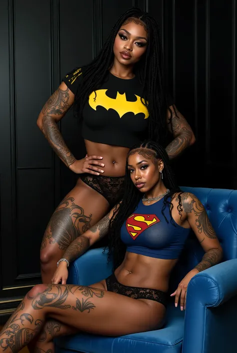 Duas mulheres morenas 🤎 sensuais em uma sala moderna com parede preta ao fundo e uma poltrona azul no centro. One is sitting with confident posture in the armchair, wearing a black shirt with the Batman symbol and lace panties. The other is sitting sideway...