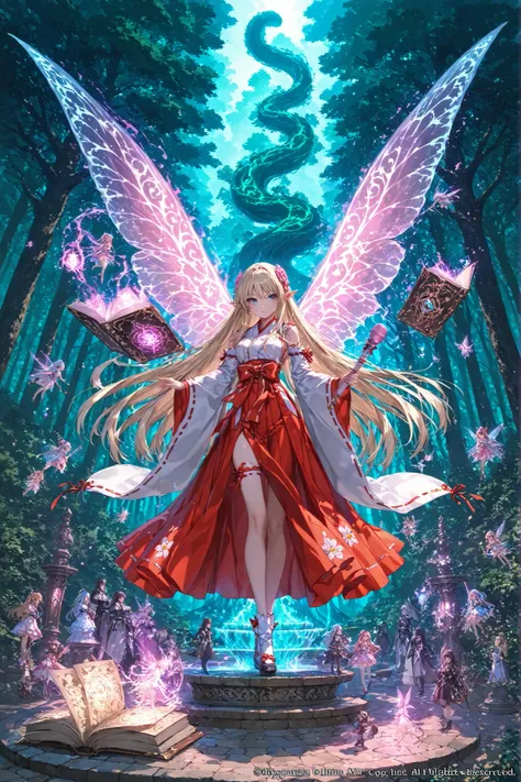 Superb quality , Artwork, Delicate Depiction, Elf Wind Miko, Fairy Sanctuary, Glowing Giant Tree, Magical Light, Fantastic Creatures, Translucent wings, magic wand, Mysterious Aura, Floating Book , Ancient Magic Characters, Shining Slayer, Mysterious Mist...