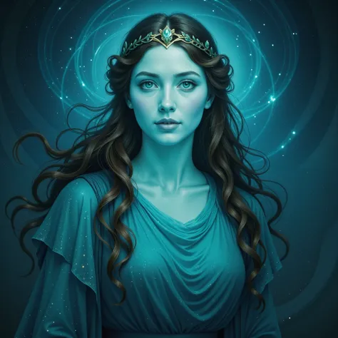 The goddess Hera, portrayed realistically and beautifully, with noble features and a serene expression. She wears a flowing blue-green robe that glows softly, as if made of ethereal fabric. Her hair is long and wavy, her skin bluish and translucent. Hera a...