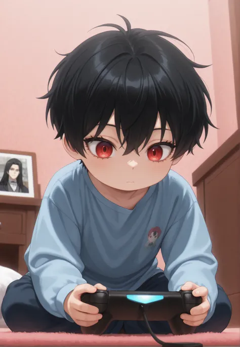 masterpiece, best quality, newest, safe, good anatomy, good resolution, good lighting. beautiful, anime, , adorable. child, short, black hair. DEEP RED EYES . black eyelashes, piel clara. He is 6 years old. Alone, mirando al espectador, Bedroom backgrou...