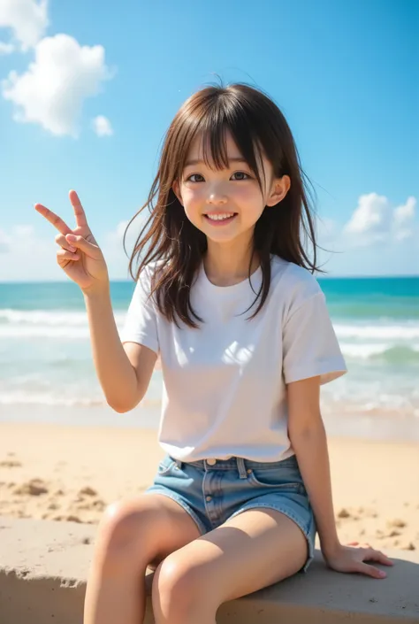 very cute japanese girl、sit on top of a very young、long hair white t-shirt、denim shorts、outdoor、Realistic、standing、sandals、peace sign、Full Body、Sandy Beach、Laughing out loud