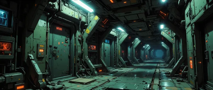 [[Anime Scene]] [[Anime Background]] A masterpiece, very current, high quality, 90s-style anime scene, with a dark and retro atmosphere, inspired by 90s anime. Low angle, a retro-style spaceship corridor, a corridor wall seen from the side, low angle, smoo...