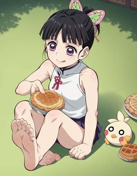 score_9, score_8_above, score_7_above, source_anime, Kanaotsuyuri, Kanao tsuyuri, black hair, mariposa, butterfly hair ornament, purple eyes, side collect, collect, Swimsuit, on a lawn , Sitting, feet raised,  smile, floor, pies,  Soles , focus on the sole...