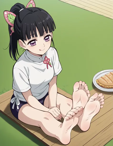 score_9, score_8_above, score_7_above, source_anime, Kanaotsuyuri, Kanao tsuyuri, black hair, mariposa, butterfly hair ornament, purple eyes, side collect, collect, Swimsuit, on a lawn , Sitting, feet raised,  smile, floor, pies,  Soles , focus on the sole...