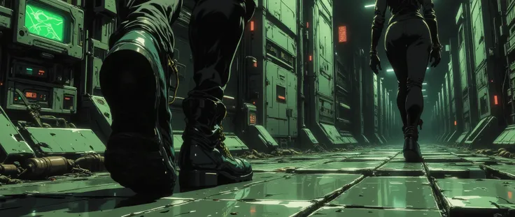 [[Anime Scene]] [[Anime Background]] A masterpiece, very current, high quality, 90s-style anime scene, with a dark and retro atmosphere, inspired by 90s anime. Close-up scene of combat boots seen from a right angle, the scene captures footsteps, only the f...