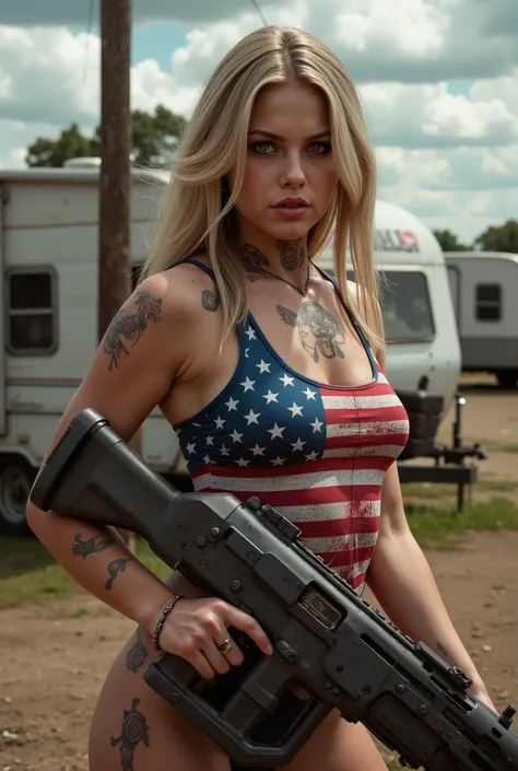 american girl, trailer park, white trash, american flag color clothes, with guns creepy, scary, brutal, dangerous, fantasy artwork, masterpiece, 8k, high detail