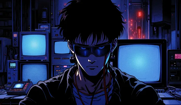 Retro-futuristic anime male character with a visor and tech implants, sitting alone in a dark room filled with monitors, wires and flickering lights. The screen glows cast soft blue and red lights across his face. Cyberpunk hacker atmosphere, drawn in deta...
