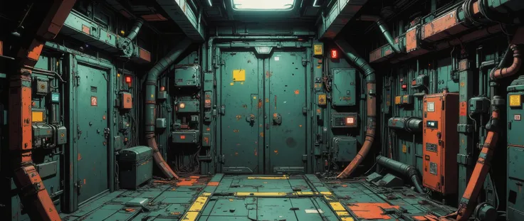 [[Anime Scene]] [[Anime Background]] A masterpiece, very current, high quality, 90s-style anime scene, with a dark and retro atmosphere, inspired by 90s anime. Right angle of a retro-style spaceship wall, a corridor wall seen from the front, the close-up f...