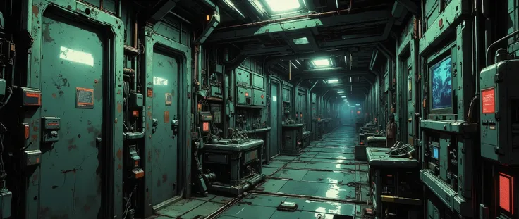 [[Anime Scene]] [[Anime Background]] A masterpiece, very current, high quality, 90s-style anime scene, with a dark and retro atmosphere, inspired by 90s anime. Right angle of a retro-style spaceship wall, a corridor wall seen from the front, the close-up f...