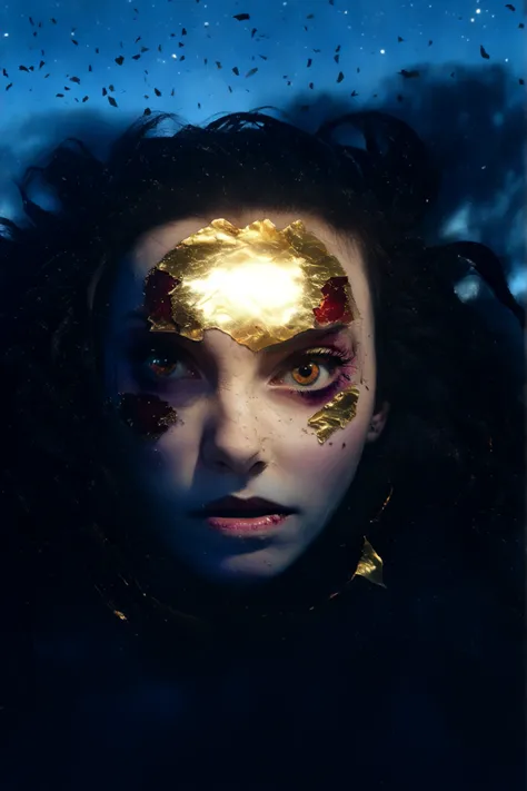 cute,Nezuko Kamado,horror scene,horror scene, dark, glowing eyes,enigmatic woman with long flowing hair, Semi-realistic, Half-dreamy, what is her silhouette Blending into the stars and dark blue fog. her eyes shine with soft golden light, reflecting sadnes...