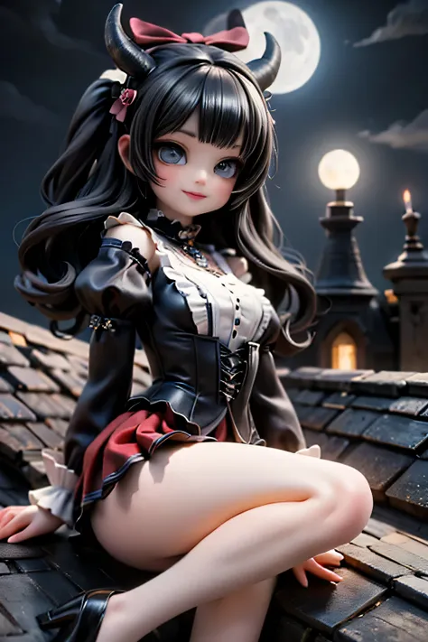 A cute horned demon girl smiling sitting on the edge of an old gothic castle rooftop at night, looking directly at the viewer. She wears a short, elegant ((red)) skirt, crop shirt, short puffy sleeves, ((white)) thigh-high stockings, and ankle-strap low h...