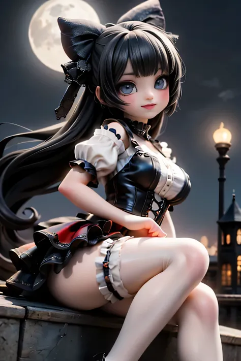 A cute horned demon girl smiling sitting on the edge of an old gothic castle rooftop at night, looking directly at the viewer. She wears a short, elegant ((red)) skirt, crop shirt, short puffy sleeves, ((white)) thigh-high stockings, and ankle-strap low h...