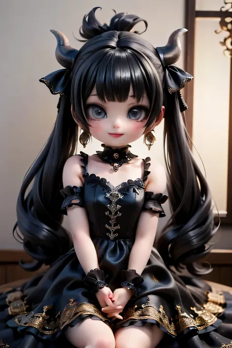 A nighttime scene in a grand castle, illuminated by soft, warm lights. A cute horned vampire girl smiles, her long, flowing black hair adorned with ornate accessories and hairbows. She wears a trendy fashion dress and ankle strap pumps, complemented by ele...