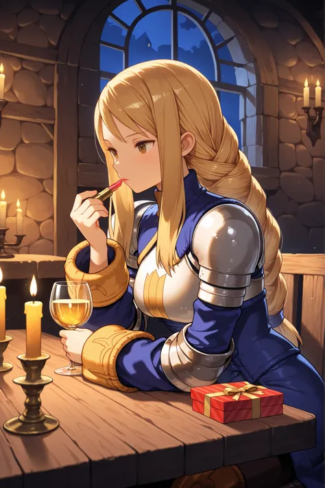 masterpiece, Character, Final Fantasy Tactics, Agrias Oaks, holding a glass, applying lipstick, sitting at a table, glittering, small opened gift box, Medieval tavern, tavern window, night, candles, warm toned