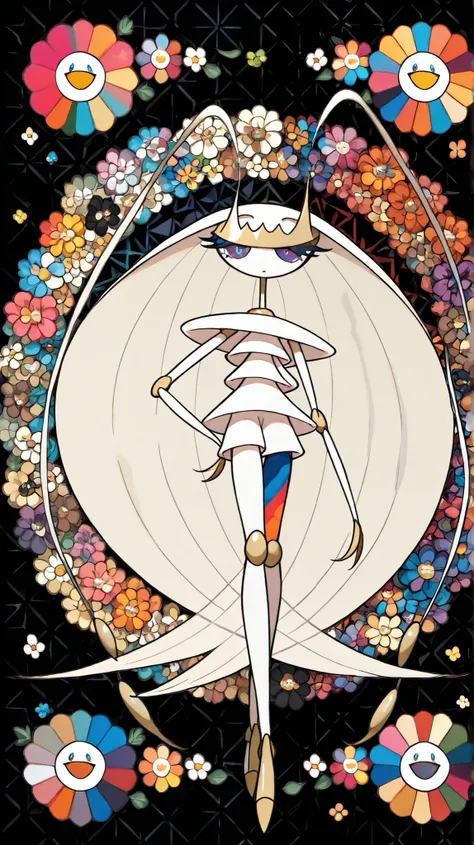 (in style of Takashi Murakami:1.0), beatiful face, feet,best quality,tonemapping, sharp focus, hyper detailed,(pheromosa),best quality,beautiful,pokemon,(2 fingers),(Clear eyes),solo,detaileds,8K,(slender:1.3),wallpaper,jumping kick,(Colorful flowers on bl...