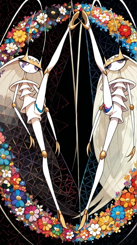 (in style of Takashi Murakami:1.0), beatiful face, feet,best quality,tonemapping, sharp focus, hyper detailed,(pheromosa),best quality,beautiful,pokemon,(2 fingers),(Clear eyes),solo,detaileds,8K,(slender:1.3),wallpaper,jumping kick,(Colorful flowers on bl...