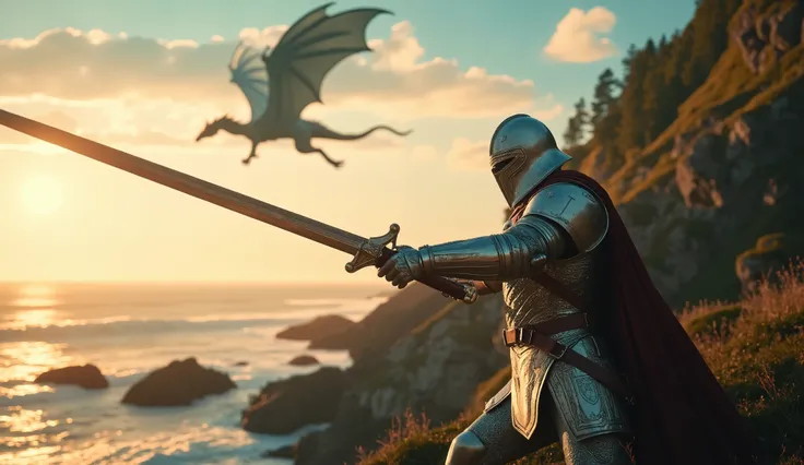 Fraction_9, Fraction_8_Up, Fraction_7_Up, (masterpiece after sex, ultra high definition,  8,000, 16K, super detailed),(full body portrait),1 knight, (silver armor:1.3), holding a long sword that emits holy light in the right hand,Point your sword at the sk...