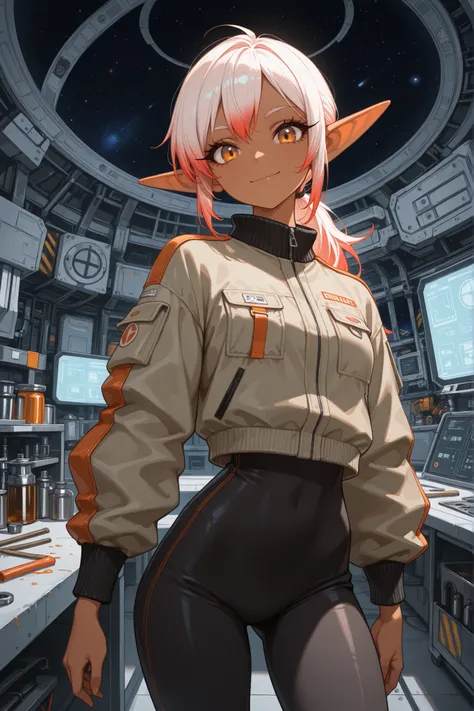 solo, female, dwarf girl, short, tomboy, slim waist, close up, cowboy shot, looking at viewer, workshop, long hair, ponytail, light red hair, adult, short pointed ears, short, jacket, oil stains, dark skin, cute, futuristic, space station, looking at viewe...