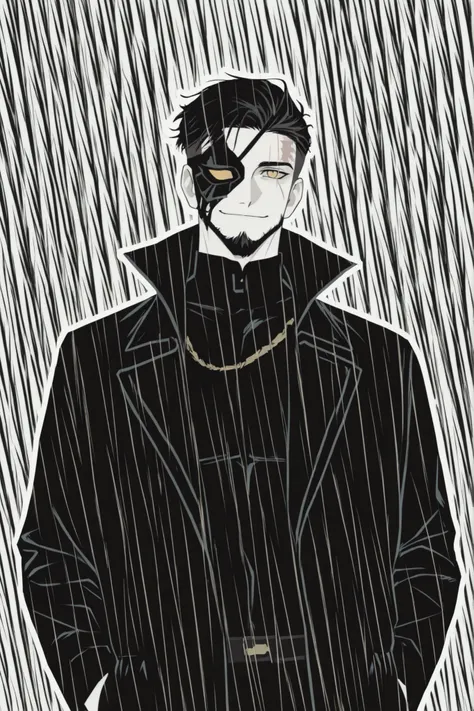 solo, 1boy, dnd, mature male, pale skin, black hair, short haircut with shaved temples, yellow eyes, muscular body, proporcional body, masculine, calm and thoughtful, black half mask, black corruption under mask, scar on face, short  cut beard, sly smile, ...