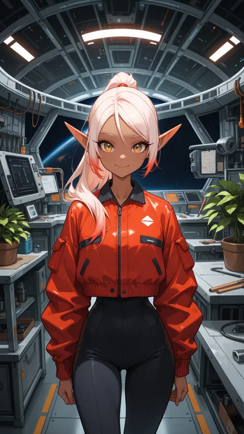 solo, female, dwarf girl, short, tomboy, slim waist, close up, cowboy shot, looking at viewer, workshop, long hair, ponytail, light red hair, adult, short pointed ears, short, jacket, oil stains, dark skin, cute, futuristic, space station, looking at viewe...