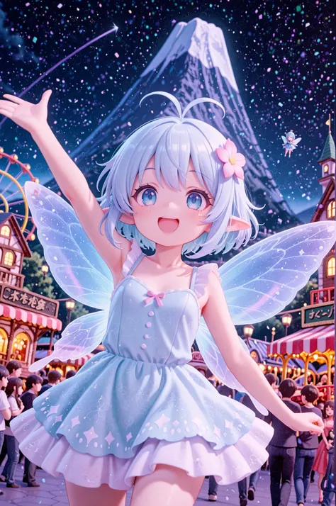 score_9, score_8_up, score_7_up, masterpiece, best quality, perfect facial features, highest resolution, 8k, amazing quality, detailed eyes, clear eyes, dynamic composition, dynamic pose, face clearly visible, whole body, low angle, turn your back, stick out your back, show the roots of the wings on your back, fly in the sky with your back turned, turn only your face, face close, 1 girl, solo, 1 chibi girl, repochi, light blue hair, short hair, fairy wings, fairy, fairy girl, (fairy girl), repochi's clothes, fairy clothes, fairy dress, smile, have fun, Opening mouth, having fun, Fuji-Q Highland, roller coaster, amusement park, haunted house, girl riding a roller coaster, roller coaster riding pose, dynamic pose, low angle, roller coaster moving at high speed, high-speed movement, concentrated line drawing, Mount Fuji in the distance, amusement park ride, crowded, crowd, family, playing at an amusement park, fun atmosphere, playful atmosphere, bright atmosphere, amusement park atmosphere, daytime, ((((clear contrast between light and dark))))