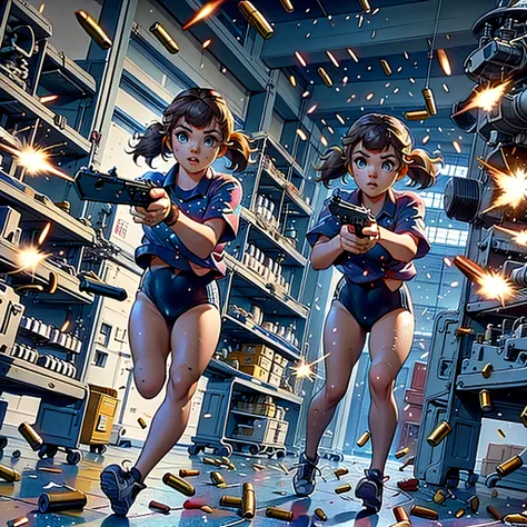  (yellow hair, blue eyes, blunt bangs, twintails) red shirt, black gymnastics bloomers,high leg,self wedgie,,  Jude Smith, Eddy Shinjuku, (((firing, bullet, gun,light particles))), running, highly detailed, high budget Hollywood film, text