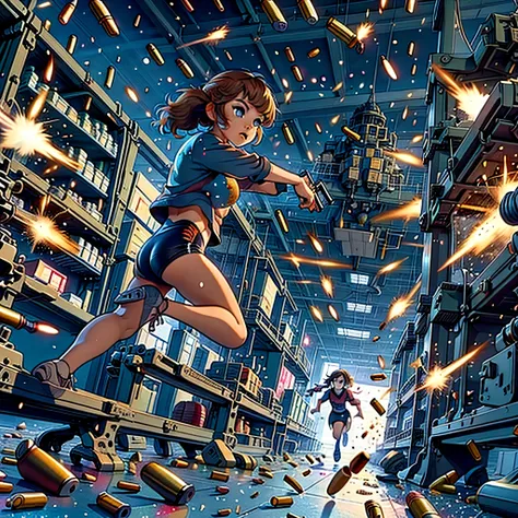  (yellow hair, blue eyes, blunt bangs, twintails) red shirt, black gymnastics bloomers,high leg,self wedgie,,  Jude Smith, Eddy Shinjuku, (((firing, bullet, gun,light particles))), running, highly detailed, high budget Hollywood film, text