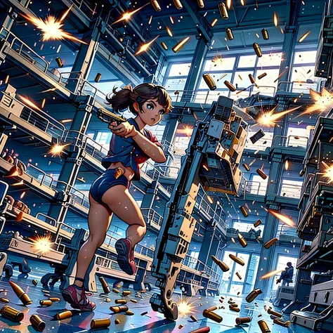  (yellow hair, blue eyes, blunt bangs, twintails) red shirt, black gymnastics bloomers,high leg,self wedgie,,  Jude Smith, Eddy Shinjuku, (((firing, bullet, gun,light particles))), running, highly detailed, high budget Hollywood film, text