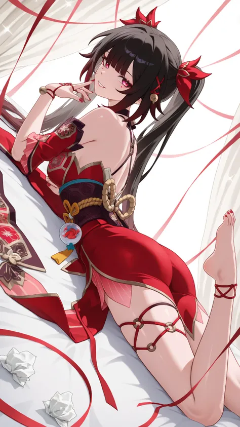 high quality, capolavoro, ultra-detailed photograph, 1 ragazza, Sparkle, Honkai Star Rail, silky and long black hair that frames the face, intense and seductive red eyes, penetrating gaze directed directly at the observer, full and glossy lips in a mischie...