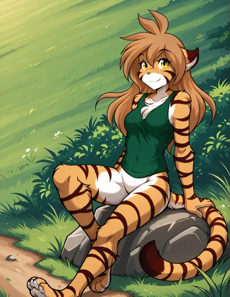 flora-twokinds, furry anthro, female, solo, yellow eyes, long hair, sitting on a rock, nude, bare feet, medium breasts, tiger tail, grass, from front, hi res,, looking at the viewer, (green shirt:1.2),, featureless crotch, 