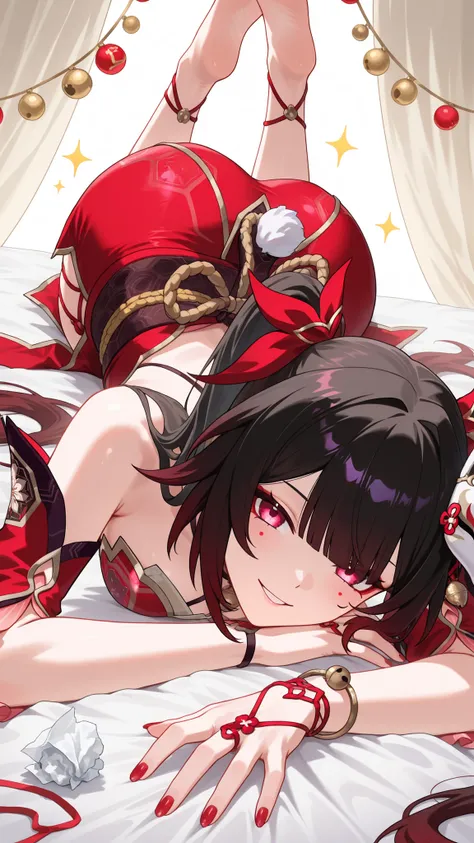 high quality, capolavoro, ultra-detailed photograph, 1 ragazza, Sparkle, Honkai Star Rail, silky and long black hair that falls delicately on the shoulders, intense and seductive red eyes, sguardo penetrante, full and glossy lips in a mischievous smile, pe...