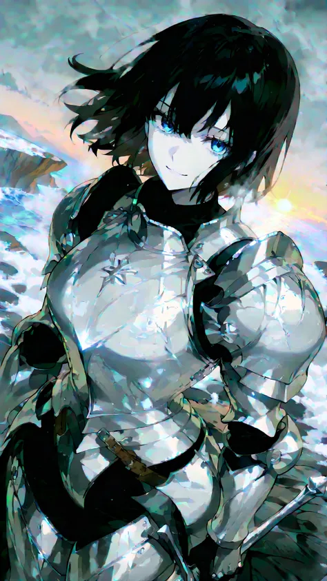 (ultra-detailed, 8K, illustration), depth of field, (dynamic angle), pale skin, black hair, 1 Female Knight,blue eyes,(cold and beautiful face),(charming smile), (Light Silver Armor:1.3), holding a long sword that emits holy light in the right hand,Point h...