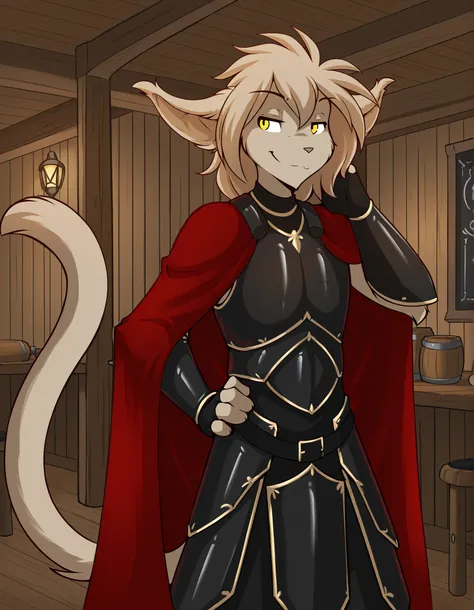 keith-twokinds, basitin, furry anthro, male, solo, yellow eyes, medium hair, smug,  feline tail, indoors, locker room, from front, hi res,, (tavern:1.2), red cape, black leather armor,, 
