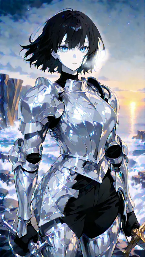 (ultra-detailed, 8K, illustration), depth of field, pale skin, black hair, 1 Female Knight,blue eyes,(cold and beautiful face), (Light Silver Armor:1.3), holding a long sword that emits holy light in the right hand,Point her sword at the sky, (Coastal Clif...