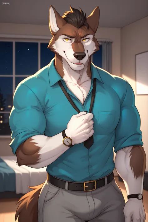Nsfw art, Canine, (brown fur), furry anthro,(1boy), (solo), black hair, pointed ears, frank (zourik), buffed body, yellow eyes, black nose, white snout, white snout, green shirt, wristwatch, Black belt, gray pants office, white fur hands, black claws, (hai...