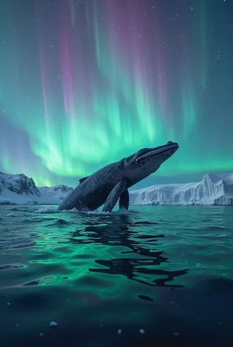 majestic humpback whale,Jump out of the water,Turquoise Arctic Ocean,giant silhouette,aurora borealis,ethereal light,Rainbow Green Purple Aurora,nigh sky,ultra-realistic light,Glittering Whale Skin,a group of narwhals,spiral fangs,celestial glow,Floating i...
