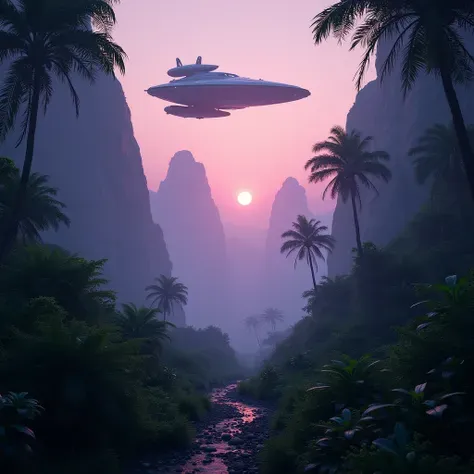 Twilight，the starship silently hovers over the alien jungle, Its lights cast long shadows on the towering flora. as exotic creatures peek through the bushes，fog rises from the ground. sci-fi conceptual art style, ambient purple and green tones, high-detail...