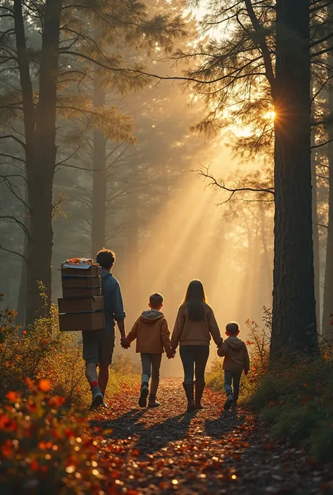 A warm family in the middle of a mystical forest, tall and protective father carrying moving boxes, kind-looking mother guiding two curious children (one of 10 years old and the other of 7), all surrounded by majestic old pine trees. The golden light of th...