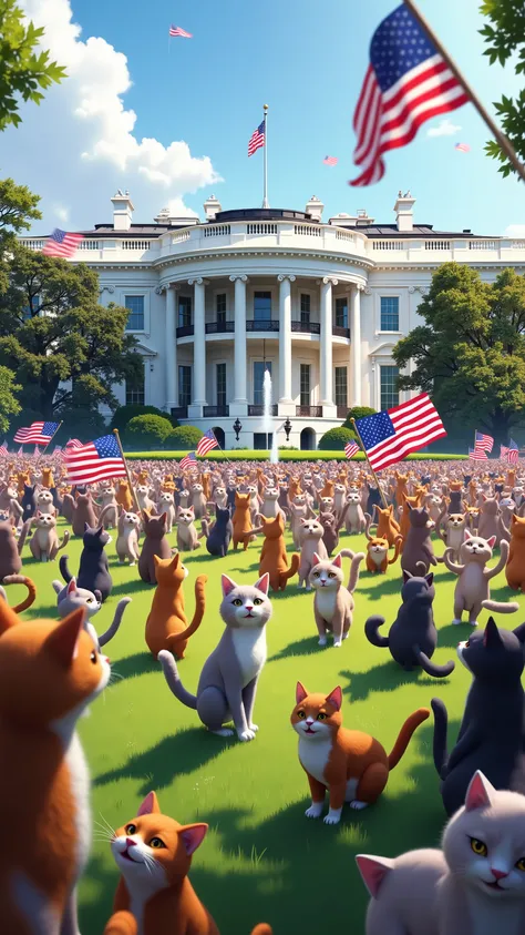 highdefinition image、America、Washington DC、There are surprisingly many cat girls all over the green lawn in front of the White House waving the American flag