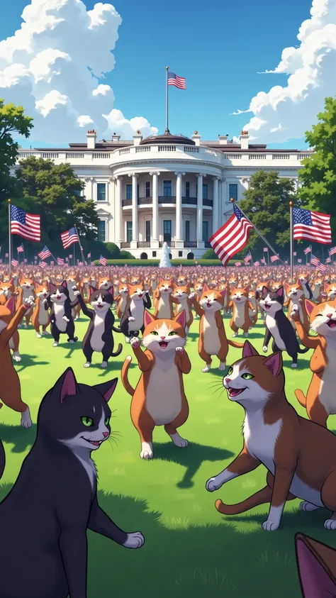 highdefinition image、America、Washington DC、There are surprisingly many cat girls all over the green lawn in front of the White House waving the American flag