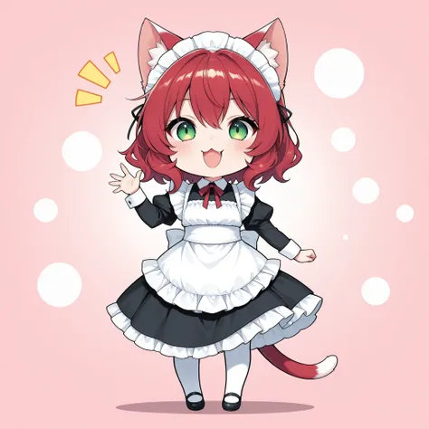 cute cat girl, genba _neko,chibi, waving, red hair, green eyes, :3, open mouth, pink background, white background, full body, (maid clothes, frill), 4K High Resolution, vibrant coloring, best quality, 4K, masterpiece, hyper detailed, studio lighting, ultr...