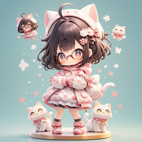 1girl, (chibi:1.4),looking down from above Composition、a little girl wearing the calico cat Kigurumi is standing with her arms crossed、She's a young Japanese girl、Super Cute Ichibi character girl, small body, is placed near the big round head, round face, round glasses、dark haired、bangs cut above her eyebrows、mischievous smile、She's standing on the earth、there are lots of cute kittens playing happily around her、The background is a Western palace