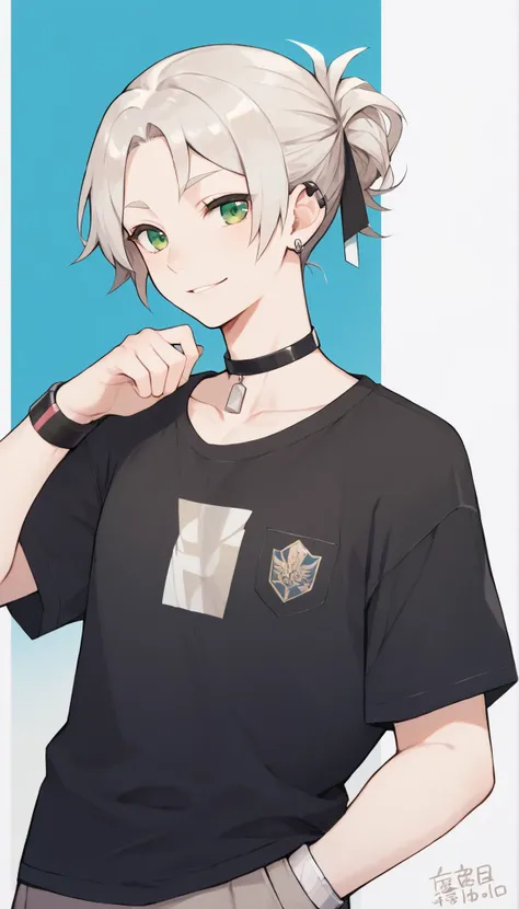 Um rapaz mais velho, cabelo loiro pastel, hair up to the neck with a shaved left side, white skin and green eyes. He wears a widening earring on his left ear and several black bracelets and a black collar around his neck. His clothes are loose and simple, ...