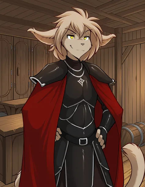keith-twokinds, basitin, furry anthro, male, solo, yellow eyes, medium hair, smug,  feline tail, indoors, locker room, from front, hi res,, (tavern:1.2), red cape, black leather armor,, 