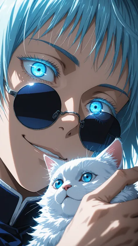 Close-up anime-style of Gojo Satoru from Jujutsu Kaisen with his signature bright glowing blue eyes exposed, lifting his round black sunglasses slightly with one hand, while hugging a fluffy white cat that also wears matching round black sunglasses, both exude a stylish and playful aura, Gojo has white spiky hair, confident smirk, detailed eye glow effect, soft ambient lighting, modern aesthetic background with subtle depth of field, high detail, clean anime line art, cinematic mood
