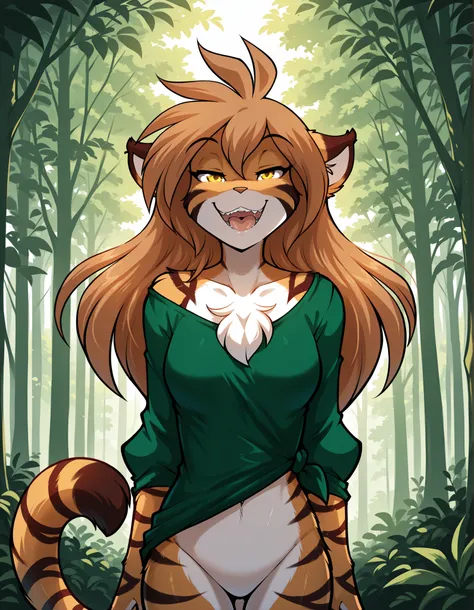 flora-twokinds, furry anthro, female, solo, yellow eyes, long hair, forest, nude, bare feet, medium breasts, tiger tail, forest, from front, hi res,, looking at the viewer, (green shirt:1.2),, featureless crotch,  smile, open mouth, tongue, sharp teeth, gr...