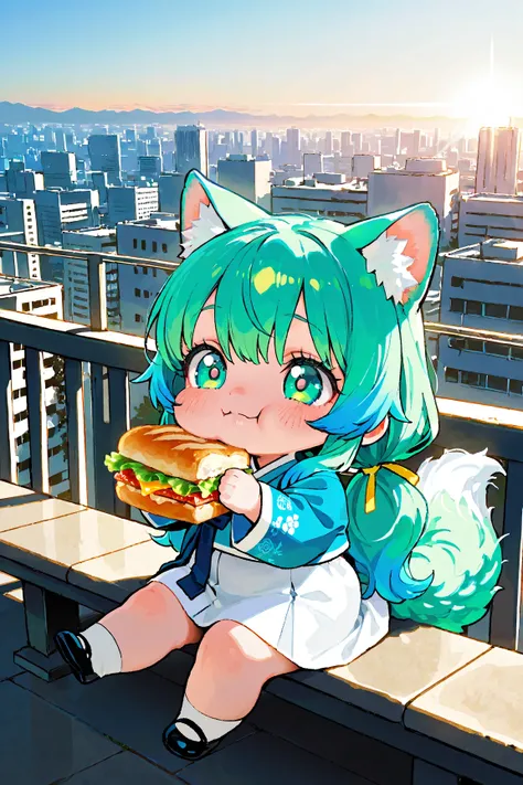 (IBG), ((((masterpiece)))), ((((top quality)))), high resolution, 32K, ultra HD, absurdres, chibi, super cute chibi catgirl, 1girl, solo, center composition, tiny body, big round head, round face, bright emerald eyes, soft blushing cheeks, fluffy sapphire blue hair with green tips, low twin ponytails with gold hair ribbons, small fluffy cat ears matching hair color, long fluffy cat tail, wearing a miniature traditional royal Korean hanbok in pale blue and white, delicate dragon embroidery on the skirt, sitting on a modern rooftop, relaxing on a bench or rooftop ledge, holding and eating a sandwich with a happy smile, cheeks slightly puffed, completely surrounded in a close circle by dozens of adorable cats in various colors and sizes, cats sitting very close on all sides, some rubbing against her legs, some climbing onto the bench beside her, some reaching up towards her sandwich, all looking at her curiously, clear sky in the background, gentle breeze, soft cityscape background with urban buildings, warm sunlight, peaceful afternoon atmosphere, extremely adorable and elegant, fantasy themed
