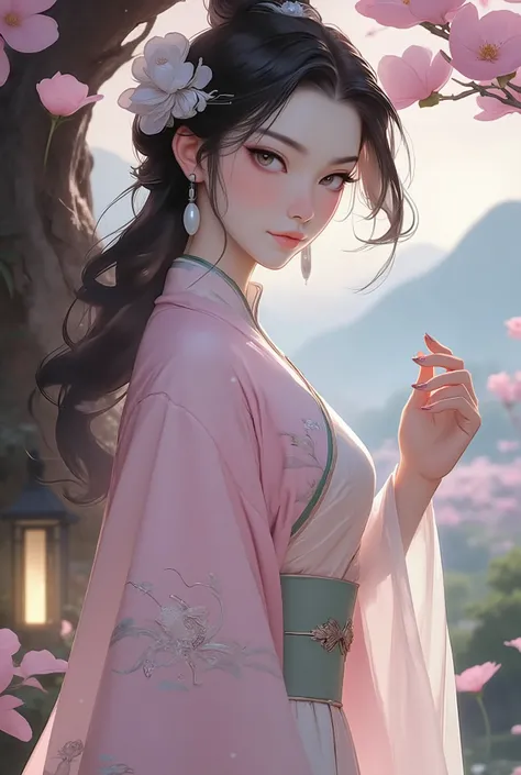 (masterpiece, best quality, 8K, UHD, ultra-detailed, photorealistic), A hauntingly beautiful young Chinese woman of celestial grace, exuding an ethereal and serene aura. Her facial features are perfectly symmetrical and exquisitely defined, with a tranquil...